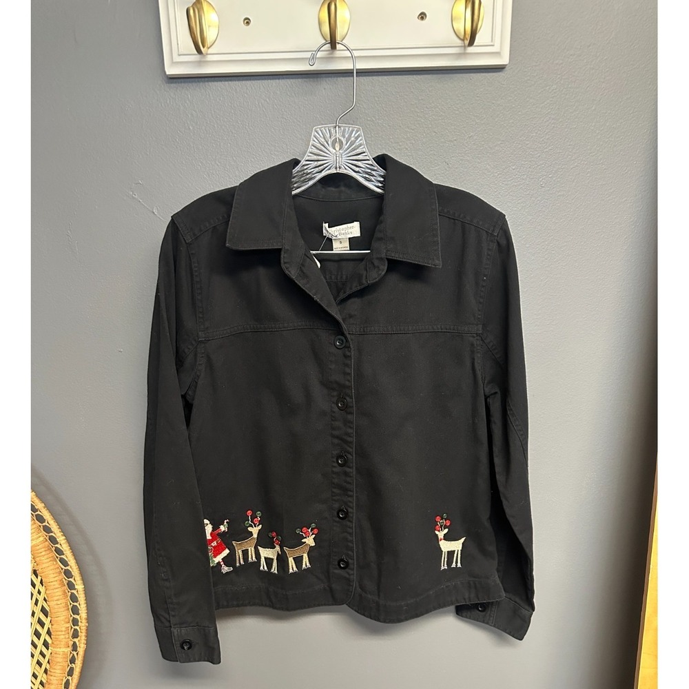 Vintage Christopher Banks Sz S Jacket Black Button Up‎ Santa Reindeer Christmas